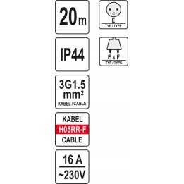 YATO PRZEDŁUŻACZ BĘBNOWY 3X1,5 MM, 20 M