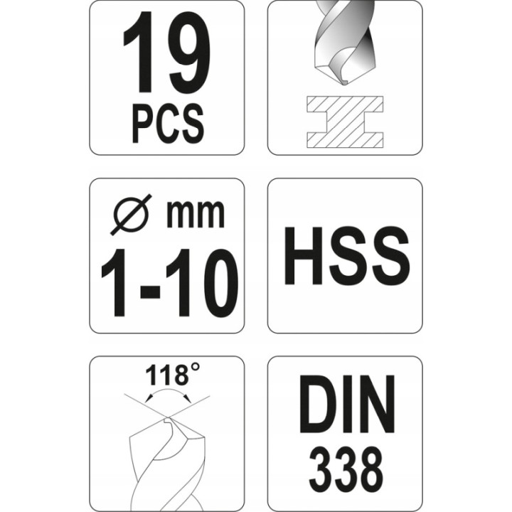 YATO ZESTAW WIERTEŁ DO METALU HSS, 1-10MM, 19 CZ