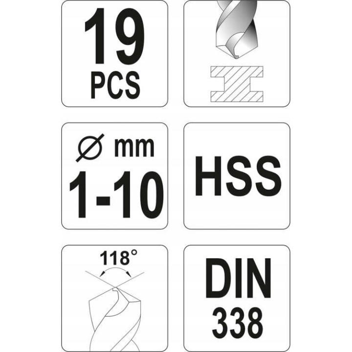 YATO ZESTAW WIERTEŁ DO METALU HSS, 1-10MM, 19 CZ