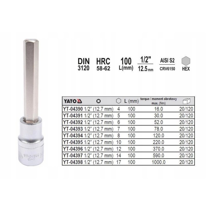 YATO KLUCZ TRZPIENIOWY HEX 1/2" 17MM L100MM