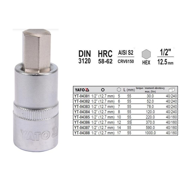 YATO KLUCZ TRZPIENIOWY HEX 1/2" 10MM L55MM